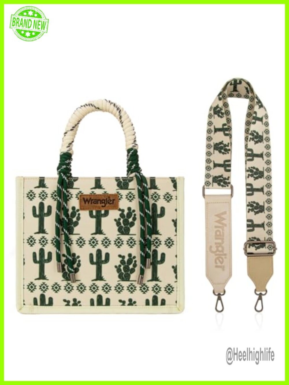 Wrangler Western Tote Bag Cotton Canvas Cactus Print Southwestern Style